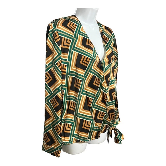 Drew Vienna Blouse Abstract Green Geometric Lightweight Relaxed Fit Wrap Tie Top - Picture 3 of 9